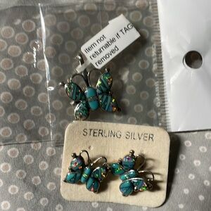 New turquoise butterfly earrings in sterling silver and pendant to match